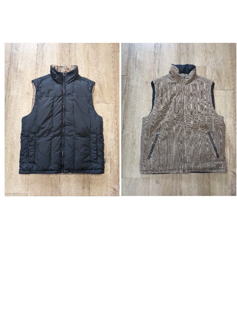 Eddie Bauer Mens Size M Reversible Goose Down Puffer Vest Black/ Tan Stripe